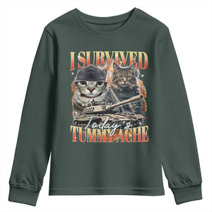 Tummy Ache Survivor Cat Meme Youth Sweatshirt Funny Saying Cats Bootleg TS10 Dark Forest Green Print Your Wear