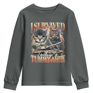 Tummy Ache Survivor Cat Meme Youth Sweatshirt Funny Saying Cats Bootleg TS10 Dark Heather Print Your Wear