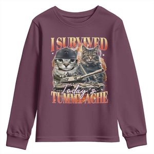 Tummy Ache Survivor Cat Meme Youth Sweatshirt Funny Saying Cats Bootleg TS10 Maroon Print Your Wear