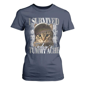 Tummy Ache Survivor Cat Meme T Shirt For Women Funny Saying Cats Cat Bootleg TS10 Navy Print Your Wear