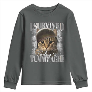 Tummy Ache Survivor Cat Meme Youth Sweatshirt Funny Saying Cats Cat Bootleg TS10 Dark Heather Print Your Wear