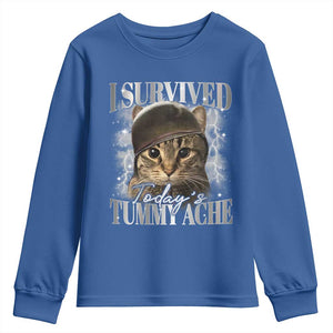Tummy Ache Survivor Cat Meme Youth Sweatshirt Funny Saying Cats Cat Bootleg TS10 Royal Blue Print Your Wear
