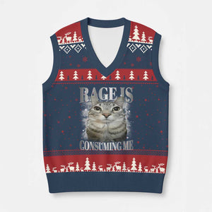 Rage Is Consuming Me V-Neck Knit Sweater Vest Funny Silly Cat Memes TS10 Navy Red Print Your Wear