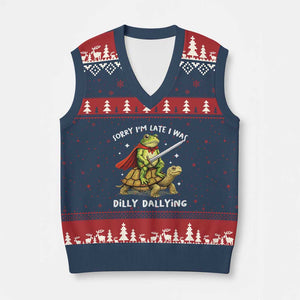 Silly Goose V-Neck Knit Sweater Vest Sorry Im Late I Was Dilly Dallying TS10 Navy Red Print Your Wear