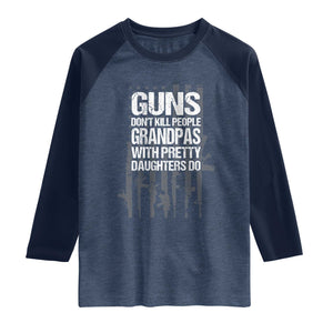 Grandpas With Pretty Daughters Raglan Shirt Funny Grandpa Gun American Flag TS10 Heather Denim Navy Print Your Wear