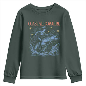Coastal Cowgirl Youth Sweatshirt Funny Western Country Rodeo Cowgirl Fishing TS10 Dark Forest Green Print Your Wear