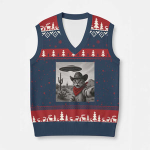 Vintage UFO Cowboy Cat V-Neck Knit Sweater Vest Retro 90s Western Rodeo Kitten Cat Selfie With Alien UFO TS10 Navy Red Print Your Wear