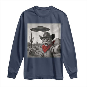 Vintage UFO Cowboy Cat Long Sleeve Shirt Retro 90s Western Rodeo Kitten Cat Selfie With Alien UFO TS10 Navy Print Your Wear