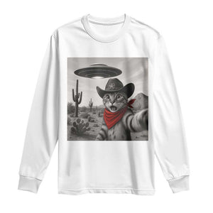Vintage UFO Cowboy Cat Long Sleeve Shirt Retro 90s Western Rodeo Kitten Cat Selfie With Alien UFO TS10 White Print Your Wear