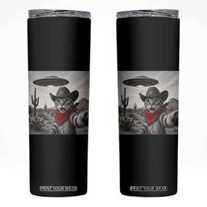 Vintage UFO Cowboy Cat Skinny Tumbler Retro 90s Western Rodeo Kitten Cat Selfie With Alien UFO TS10 Black Print Your Wear