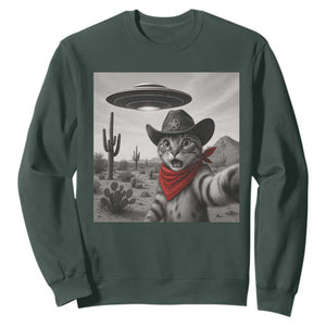 Vintage UFO Cowboy Cat Sweatshirt Retro 90s Western Rodeo Kitten Cat Selfie With Alien UFO TS10 Dark Forest Green Print Your Wear