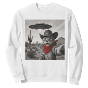 Vintage UFO Cowboy Cat Sweatshirt Retro 90s Western Rodeo Kitten Cat Selfie With Alien UFO TS10 White Print Your Wear