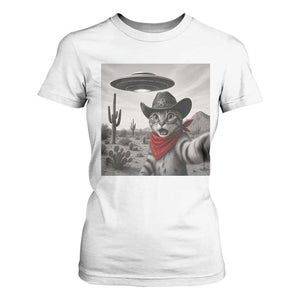 Vintage UFO Cowboy Cat T Shirt For Women Retro 90s Western Rodeo Kitten Cat Selfie With Alien UFO TS10 White Print Your Wear