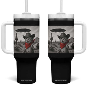 Vintage UFO Cowboy Cat Tumbler With Handle Retro 90s Western Rodeo Kitten Cat Selfie With Alien UFO TS10 One Size: 40 oz Black Print Your Wear