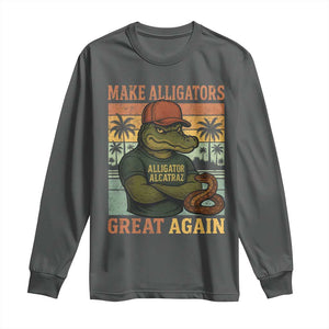 Retro Alligator Alcatraz Long Sleeve Shirt Funny Florida Everglades Dark Humor TS10 Dark Heather Print Your Wear