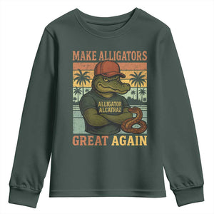 Retro Alligator Alcatraz Youth Sweatshirt Funny Florida Everglades Dark Humor TS10 Dark Forest Green Print Your Wear