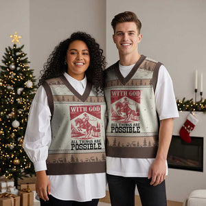 Christian Cowboy V-Neck Knit Sweater Vest Vintage Christian All Things Are Possible Encouraging Bible Verse TS10 Mocha Mousse Print Your Wear