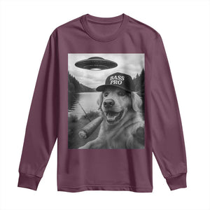 Dog Selfie With Alien UFO Long Sleeve Shirt Funny Fishing Golden Retriever Smoking Dog Lover TS10 Maroon Print Your Wear
