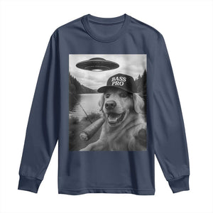 Dog Selfie With Alien UFO Long Sleeve Shirt Funny Fishing Golden Retriever Smoking Dog Lover TS10 Navy Print Your Wear