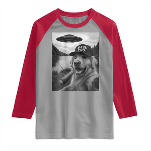Dog Selfie With Alien UFO Raglan Shirt Funny Fishing Golden Retriever Smoking Dog Lover TS10 Sport Gray Red Print Your Wear