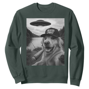 Dog Selfie With Alien UFO Sweatshirt Funny Fishing Golden Retriever Smoking Dog Lover TS10 Dark Forest Green Print Your Wear