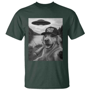 Dog Selfie With Alien UFO T Shirt Funny Fishing Golden Retriever Smoking Dog Lover TS10 Dark Forest Green Print Your Wear