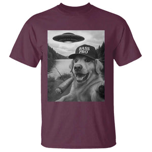 Dog Selfie With Alien UFO T Shirt Funny Fishing Golden Retriever Smoking Dog Lover TS10 Maroon Print Your Wear