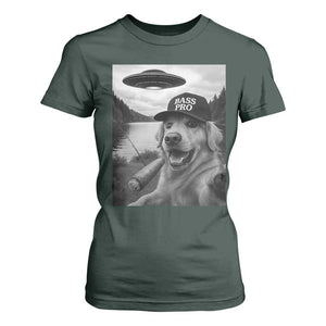 Dog Selfie With Alien UFO T Shirt For Women Funny Fishing Golden Retriever Smoking Dog Lover TS10 Dark Forest Green Print Your Wear