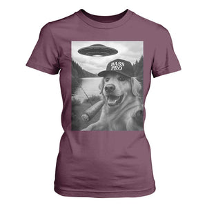 Dog Selfie With Alien UFO T Shirt For Women Funny Fishing Golden Retriever Smoking Dog Lover TS10 Maroon Print Your Wear