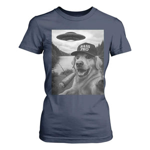 Dog Selfie With Alien UFO T Shirt For Women Funny Fishing Golden Retriever Smoking Dog Lover TS10 Navy Print Your Wear