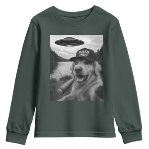 Dog Selfie With Alien UFO Youth Sweatshirt Funny Fishing Golden Retriever Smoking Dog Lover TS10 Dark Forest Green Print Your Wear