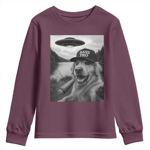 Dog Selfie With Alien UFO Youth Sweatshirt Funny Fishing Golden Retriever Smoking Dog Lover TS10 Maroon Print Your Wear