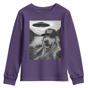 Dog Selfie With Alien UFO Youth Sweatshirt Funny Fishing Golden Retriever Smoking Dog Lover TS10 Purple Print Your Wear