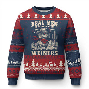 Funny Dachshund Cowboy Ugly Christmas Sweater Real Men Play With Their Weiners TS10 Navy Red Print Your Wear