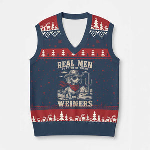 Funny Dachshund Cowboy V-Neck Knit Sweater Vest Real Men Play With Their Weiners TS10 Navy Red Print Your Wear