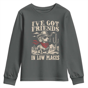 Funny Dachshund Cowboy Youth Sweatshirt Ive Got Friends In Low Places TS10 Dark Heather Print Your Wear