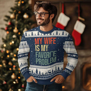 My Wife Is My Favorite Problem Funny Ugly Christmas Sweater Retro 70s Husband Graphic