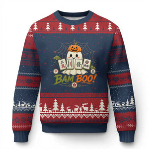 Halloween Ghost Playing Mahjong Spooky Boo Funny Costume Ugly Christmas Sweater Mahjong Lover Gift