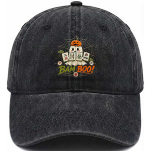 Halloween Ghost Playing Mahjong Spooky Boo Funny Costume Washed Cotton Baseball Cap Mahjong Lover Gift