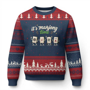 Its Mahjong Time Ugly Christmas Sweater Funny Cartoon Mahjong Tiles Gathering Game Night TS10 Navy Red Print Your Wear