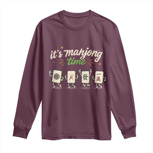 Its Mahjong Time Long Sleeve Shirt Funny Cartoon Mahjong Tiles Gathering Game Night TS10 Maroon Print Your Wear