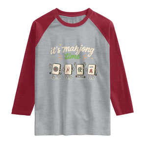 Its Mahjong Time Raglan Shirt Funny Cartoon Mahjong Tiles Gathering Game Night TS10 Heather Gray Heather Red Print Your Wear
