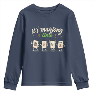 Its Mahjong Time Youth Sweatshirt Funny Cartoon Mahjong Tiles Gathering Game Night TS10 Navy Print Your Wear