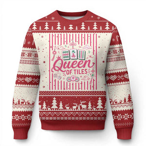 Queen Of Tiles Pink Mahjong Lover Game Night Graphic Ugly Christmas Sweater