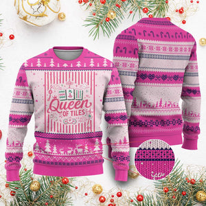 Queen Of Tiles Pink Mahjong Lover Game Night Graphic Ugly Christmas Sweater
