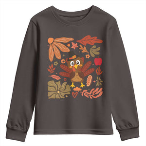Thanksgiving Turkey Youth Sweatshirt Retro Boho Floral Fall TS10 Dark Chocolate Print Your Wear