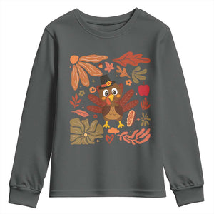 Thanksgiving Turkey Youth Sweatshirt Retro Boho Floral Fall TS10 Dark Heather Print Your Wear