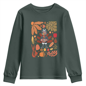Thanksgiving Turkey And Touchdowns Football Youth Sweatshirt Boho Floral Game Day Fall Vibes TS10 Dark Forest Green Print Your Wear