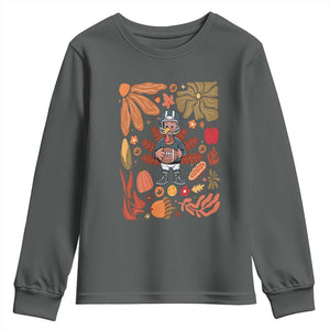 Thanksgiving Turkey And Touchdowns Football Youth Sweatshirt Boho Floral Game Day Fall Vibes TS10 Dark Heather Print Your Wear