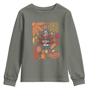 Thanksgiving Turkey And Touchdowns Football Youth Sweatshirt Boho Floral Game Day Fall Vibes TS10 Military Green Print Your Wear